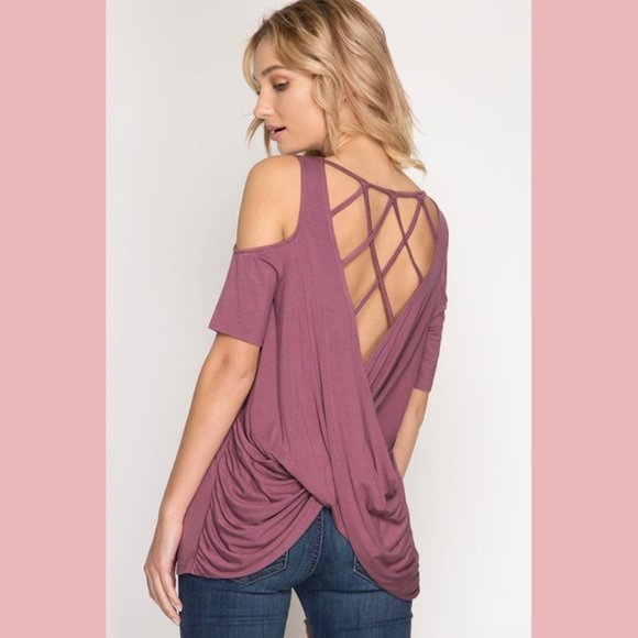 Open Back Drape Cold Shoulder Top - Picture 6 of 15